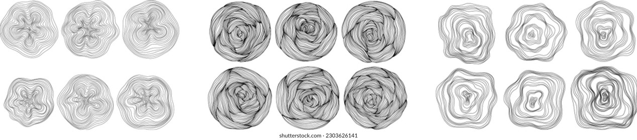Abstract tree rings. Topographic map concept set. Collection for background. Thin black lines on white shapes.