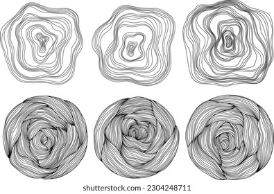 Abstract tree rings. Topographic map concept set. Collection for background. Thin black lines on white shapes.
