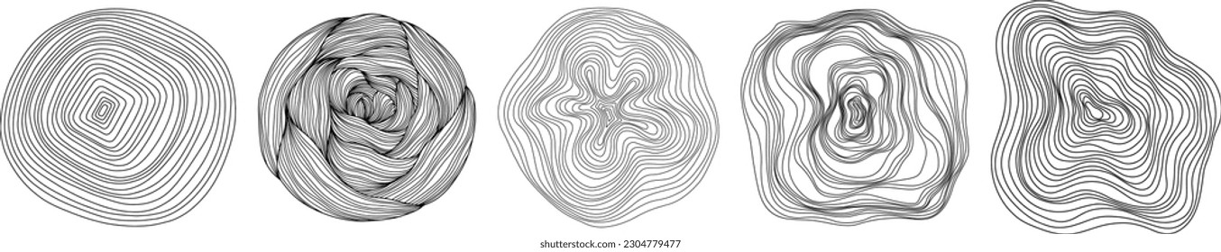 Abstract tree rings. Topographic map concept set. Collection for background. Thin black lines on white shapes.