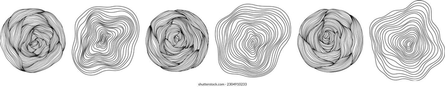 Abstract tree rings. Topographic map concept set. Collection for background. Thin black lines on white shapes.