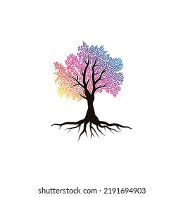 Abstract tree with roots and colorful leaves. Isolated on white background. Flat style, vector illustration.