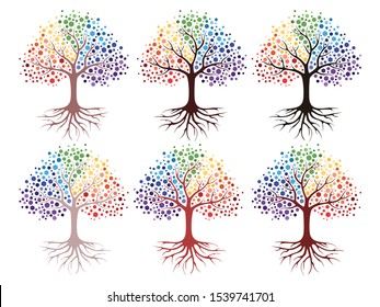 Abstract tree with roots and colorful round leaves. Flat style, vector illustration