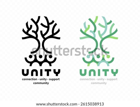 Abstract tree with roots formed by linked human figures, symbolizing unity, community, and nature vector logo design