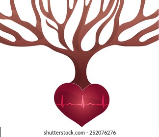 Abstract tree with roots of heart shape and normal heart beat rhythm