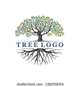 Abstract tree and roots logo design, full color of leaves, a playful logo templates