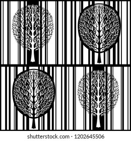 Abstract tree seamless pattern, stylized black and white forest, vintage vector monochrome drawing. Ornate tree with branches and crown foliage against the background strip rectangles in the square