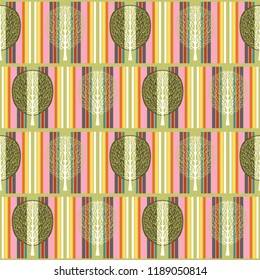 Abstract tree seamless pattern, vector illustration, colorful vintage drawing. Ornate tree with branches and green crown foliage against the background multicolored strip rectangles in the square