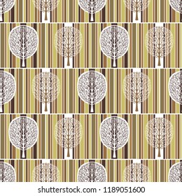 Abstract tree seamless pattern, vector illustration, vintage drawing. Ornate white tree with branch and crown foliage against the background of green, white and brown stripes rectangles in the square