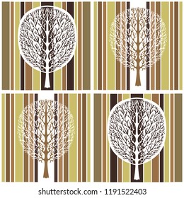 Abstract tree seamless pattern, vector illustration, stylized drawing. Ornate tree with branches and crown foliage against the background of green, white and brown strip rectangles in the square