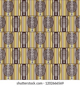 Abstract tree seamless pattern, vector illustration, vintage drawing. Ornate white tree with branch and crown foliage against the background of green, beige and brown stripes rectangles in the square