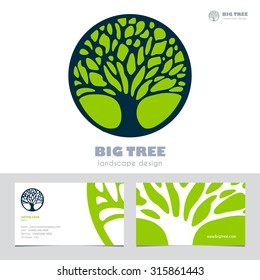 Abstract Tree Sign & Business Card Vector Template. Vector Icon & Corporate Identity Template For Landscape Design / Architecture, Natural Organic Product Line Labeling, Recycle, Garden. Editable.