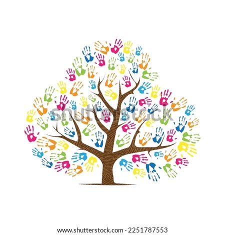 Abstract tree silhouette with color hand print leaves isolated on white background. Symbol of nature love and self identification in love