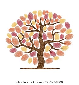 Silueta de árbol abstracto con diferentes hojas de huellas dactilares aisladas en fondo blanco