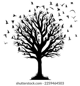 
Abstract tree silhouette with flock of birds flying