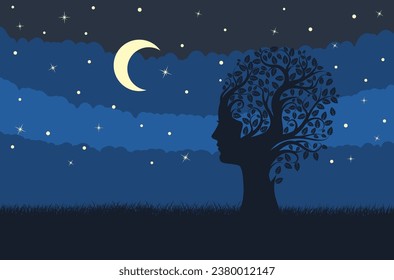 Abstract tree silhouette with leaves and female head on the grass field at night, ecology concept illustration.