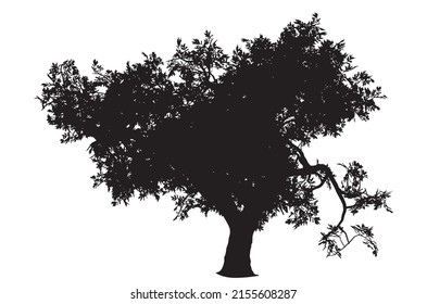 Abstract tree silhouette with leaves isolated on a white background.