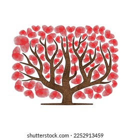Abstract tree silhouette with red heart fingerprints leaves isolated on white background. Symbol of nature love and self identification in love