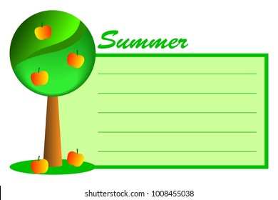 Abstract tree in summer. Ripe apples on a green tree. Space for text. Design template for postcards, greeting cards, posters, cover, logo etc. Vector illustration.