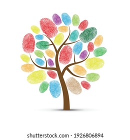 Abstract tree symbol with different color fingerprints isolated on white background