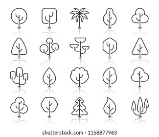 Abstrakte dünne Linien-Symbole setzen. Umriss-Schild Kit von Naturwald. Geometrisches pflanzenlineares Icon von Saplinggarten, Eiche, Palme. Einfach abstraktes Baumsymbol mit Reflexion. Vektorgrafik