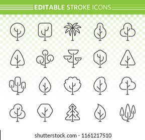 Abstract Tree thin line icons set. Outline sign kit of nature forest. Plant linear icons includes pine alone, spring wood, summer park. Editable stroke without fill. Tree simple contour vector symbol