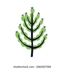 Árbol abstracto con tronco, ramas y hojas en estilo doodle simple. Arte botánico infantil innato. Dibujo de planta primitiva. Ilustración vectorial plana para niños aislada en fondo blanco