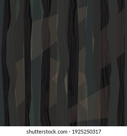 Abstract tree trunks pattern with lights that shine through them. Forest at the dusk repeating pattern. Textured tree stems in grim colors. 
