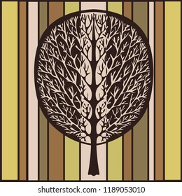 Abstract tree, vector illustration, vintage stylized drawing. Ornate tree with branches and crown foliage against the background of green, beige and brown stripes rectangles. For the design prints