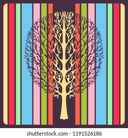 Abstract tree, vector illustration, vintage stylized drawing. Ornate tree with branches against the background of multicolor colorful stripes rectangles. For the design prints, fabrics, decorating