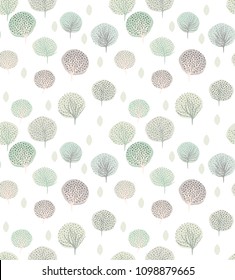 Abstract Tree Vector Pattern, Abstract Hand Drawn Trees Seamless Vector Pattern. Delicate Pastel Blue, Pale Green and Light Gray Trees with Dots Isolated on a White Background. Woodland Party Print. 