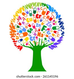 Abstract tree with vitamin on white background. Healthy life concept. Colored medicine capsules set. Vector Illustration