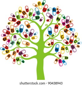 Abstract tree with vitamin on white background. Healthy life concept. Colored medicine capsules set. Vector Illustration