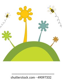Abstrakte Bäume und Bienen auf dem grünen Hügel. Vektorrücksichtskarte.