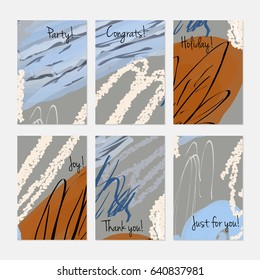Abstract trees and buses on crayon brush.Hand drawn creative invitation or greeting cards template. Anniversary, Birthday, wedding, party, social media banners set of 6. Isolated on layer.
