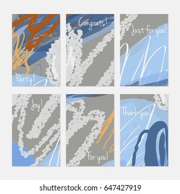 Abstract trees and buses on crayon brush.Hand drawn creative invitation or greeting cards template. Anniversary, Birthday, wedding, party, social media banners set of 6. Isolated on layer.