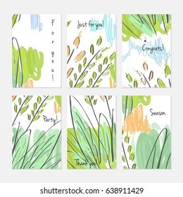 Árboles Abstractas y autobuses en el pincel marcador. Dibujado a mano invitación creativa o Plantilla de tarjetas de felicitación. Aniversario, cumpleaños, boda, fiesta, Anuncios de redes sociales conjunto de 6. Aislado en la capa.