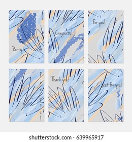 Abstract trees and buses on marker brush. Hand drawn creative invitation or greeting cards template. Anniversary, Birthday, wedding, party, social media banners set of 6. Isolated on layer.