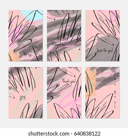 Abstract trees and buses on marker brush.Hand drawn creative invitation or greeting cards template. Anniversary, Birthday, wedding, party, social media banners set of 6. Isolated on layer.