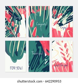 Abstract trees and buses on marker brush.Hand drawn creative invitation or greeting cards template. Anniversary, Birthday, wedding, party, social media banners set of 6. Isolated on layer.