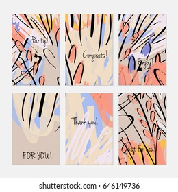 Abstract trees and buses on marker brush.Hand drawn creative invitation or greeting cards template. Anniversary, Birthday, wedding, party, social media banners set of 6. Isolated on layer.