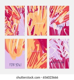 Abstract trees and buses on marker brush.Hand drawn creative invitation or greeting cards template. Anniversary, Birthday, wedding, party, social media banners set of 6. Isolated on layer.