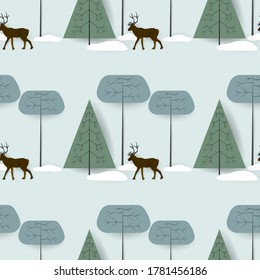 Abstract Trees, Deer and Hare, Silhouettes. Vector Illustration Flat Style