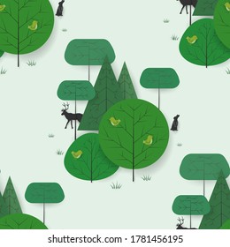 Abstract Trees, Deer and Hare, Silhouettes. Vector Illustration Flat Style