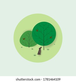 Abstract Trees, Deer and Hare, Silhouettes. Vector Illustration Flat Style