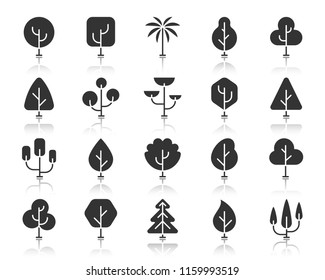 Abstract trees of different shapes icon set. Sign kit of nature bio forest. Eco plant pictogram collection includes growth bush, autumn season. Simple vector black symbol. Tree icons with reflection