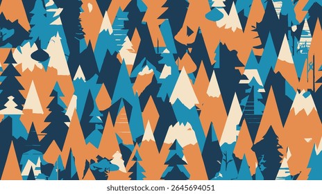 Abstract trees display vibrant hues across colorful geometric forest backdrop details