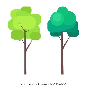 Abstract trees in green colors on thin trunks vector illustration in cartoon style isolated on white. Nature plants for your design