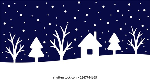 Abstract trees and house in the snowy forest. Winter landscape background. Vector illustration. Template for greeting or holiday card. Design pattern.