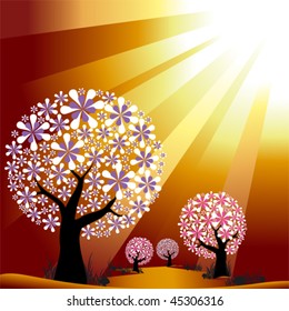 Abstract trees on golden burst light background