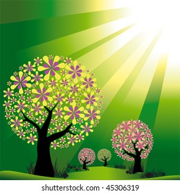 Abstract trees on green burst light background